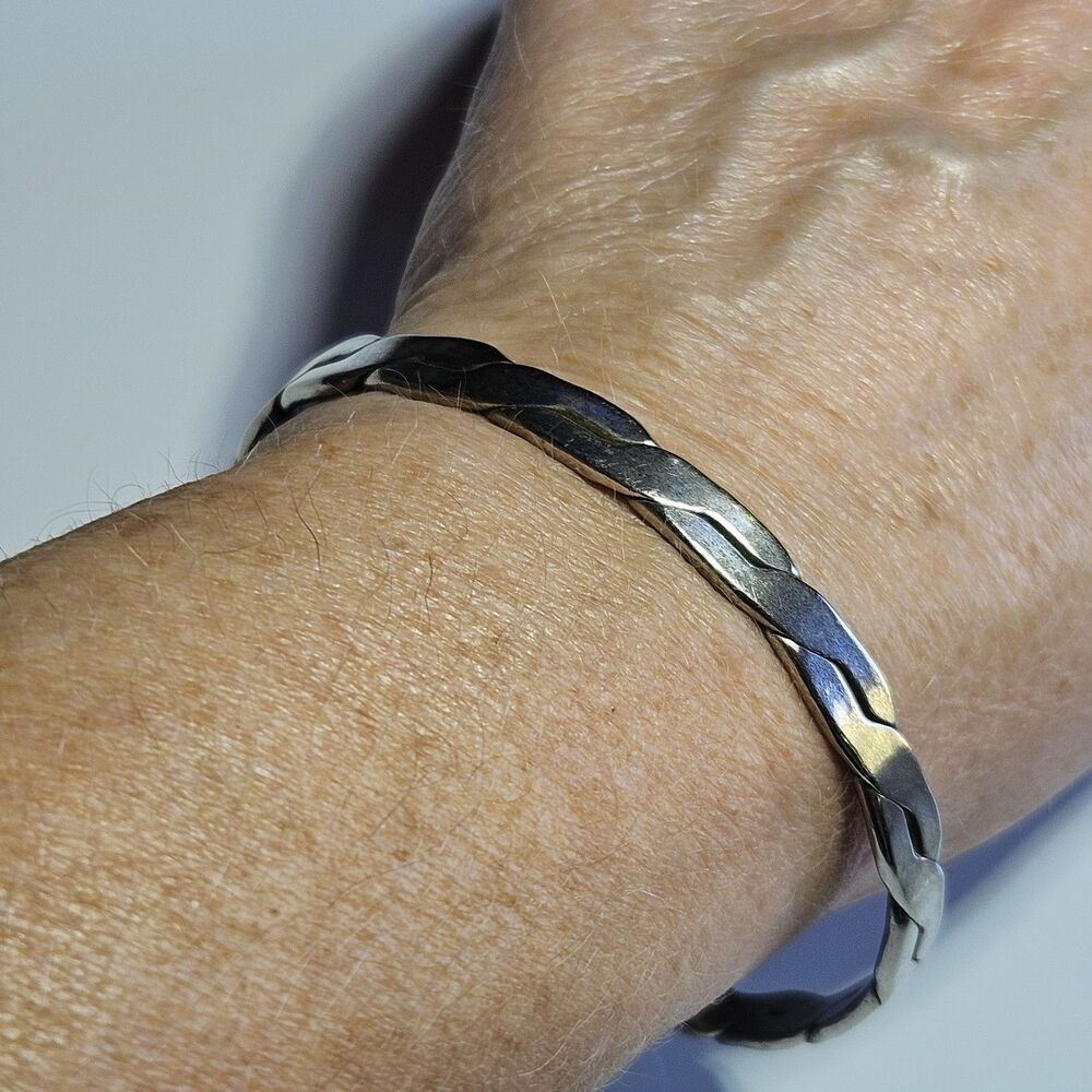 Vintage Sterling Silver Bangle Bracelet 925 Mexico Flat Braided Woven 8"